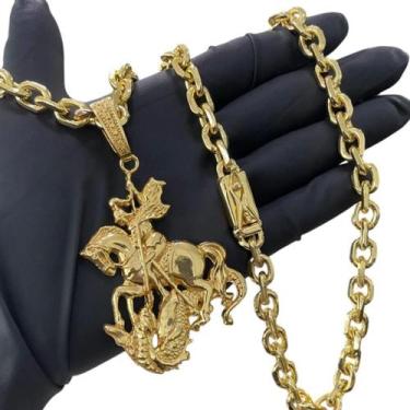 Imagem de Cordão 8Mm Cadeado + Pingente São Jorge - Banhado A Ouro 18K - Tojoia1