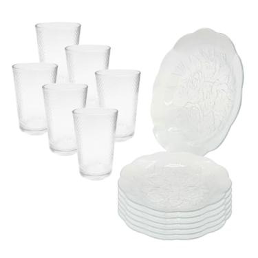 Imagem de Jogo 12 Peças Aparelho de Jantar 6 Pratos Fundo Liso Vidro + 6 Copos Latino(Verão + Prato Rosas)