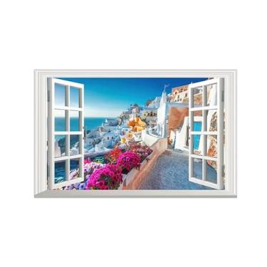 Imagem de Impressão lona janela falsa-Cidade Mediterrânea-Imagem arte parede paisagem-Pintura moderna para banheiro decoração 30x50cm12x20in Sem Moldura