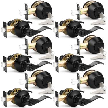 Imagem de Probrico Conjunto de fechadura de porta frontal preta, conjunto de fechadura de maçaneta de porta externa, conjunto de fechadura de porta semelhante com chave cilindro duplo, conjunto de maçanetas e