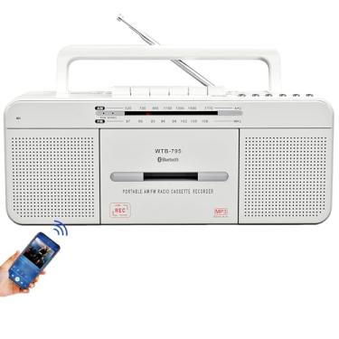 Imagem de Caixa de som para leitor de cassete, rádio estéreo AM/FM portátil com Bluetooth, USB, alto-falante duplo grande, conector de fone de ouvido, gravação em cassetes/USB via microfone, conversor de