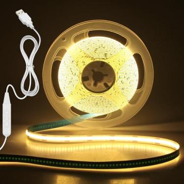 Imagem de Aclorol Fita De Led Cob, Branco Quente, 3000K, 4M, 5V, Regulável, Usb, Luz Fundo Para Tv Com Dimmer, Flexível E Cortável Cozinha, Armário, Guarda-Roupa Quarto, 320 Leds/M Cri85+