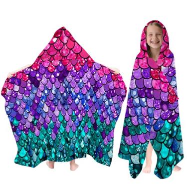 Imagem de Fiwbnasz Toalha de praia com capuz sereia para crianças, toalhas roxas com capuz para crianças 76 x 127 cm, toalhas de praia infantis para piscina, viagens, natação, toalha de banho vestível para