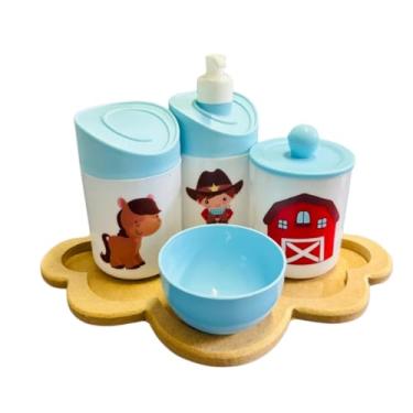Imagem de Kit Higiene Baby Cowboy Menino c/bandeja em MDF (Nuvem crua/azul)