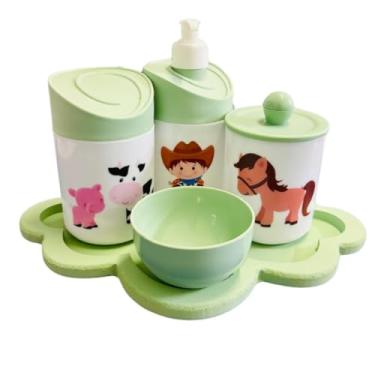 Imagem de Kit Higiene Baby Fazendinha Menino c/bandeja em MDF (Nuvem Verde/Verde)