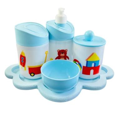 Imagem de Kit Higiene Baby Brinquedos Menino e Menina c/bandeja em MDF (Nuvem azul/azul)