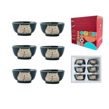 Imagem de Tigela de arroz de 11,4 cm pintada à mão com personalidade delicada de desenho animado japonês fofo - gato koi verde 6 caixas