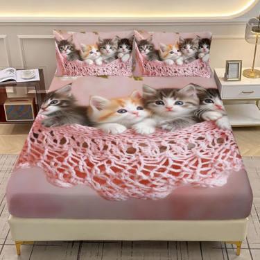 Imagem de AILONEN Jogo de lençol solteiro 3D com estampa kawaii de gatinho colorido, 3 peças, linda flor, animal de estimação, lençol com elástico e 2 fronhas