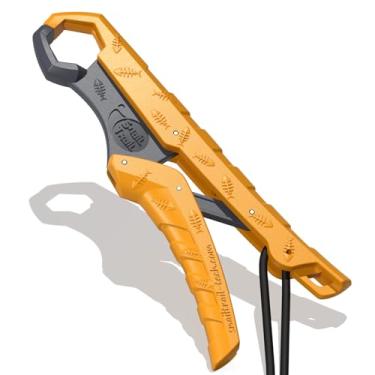 Imagem de SNAIL TRAIL Pegador de peixe flutuante, pegador de pesca de robalo, suporte de peixe-gato, ferramenta de aderência de boca de peixe de truta, pegador de lábios de peixe, alicate de pesca (19 cm, amarelo-cinza)