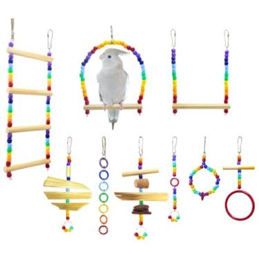 Imagem de Kit Brinquedos Arco Iris para Calopsitas e Aves - Acessórios Seguros de Madeira Natural para Periquitos, Agapornis e Gaiolas(Escada + Balanço)