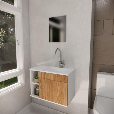 Imagem de Armário para Banheiro com Espelharia e Cuba Itália Marrom/Branco