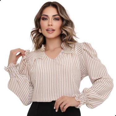 Imagem de Blusa Manga Longa Bufante Gola V Listrada Feminina Social - G-Store, B