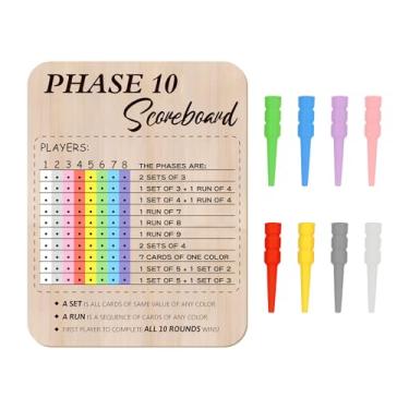 Imagem de Bnesi Wooden Phase 10 Card Game Score Board Funny Score Games 2025 New Wooden Phase 10 Placar com 8 pinos coloridos clássico madeira placar jogos divertidos para festa de família (fresco)
