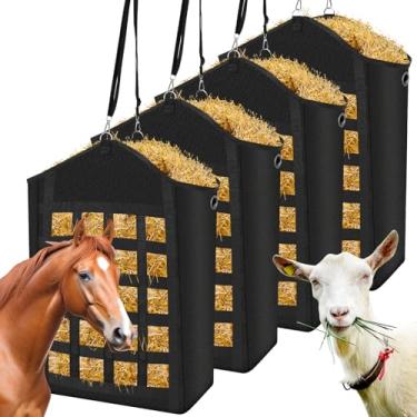 Imagem de Sacos de feno para cavalos, 4 peças de sacos de feno de alimentação lenta para cavalos, cabras, ovelhas, burros, sacos de ração de feno Oxford premium com design de redes de feno frontais, fácil de