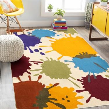 Imagem de STARUIA Tapete de Área Colorido, Tapete de Sala de Aula de 5'X7' para Crianças, Tapete Lavável com Respingos de Tinta para Sala de Jogos, Tapete de Berçário Arco-Íris Antiderrapante Tapete Macio de Sa