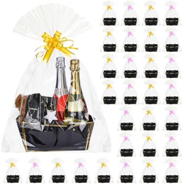 Imagem de Tuanse Cesta de 30 peças para presente vazia DIY kit de cesta de presente a granel com alça bandeja de papelão Kraft com 30 sacos 30 bandeja de mercado de arco para festa de casamento (ouro preto, 25