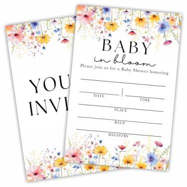 Imagem de DYIRBIIY Conjunto de 25 convites para chá de bebê - Cartões de convites de preenchimento de flores silvestres coloridos com envelopes - anúncio de bebê revelação de gênero suprimentos de festa e