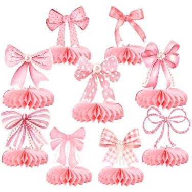 Imagem de Rsstarxi Pacote com 9 peças centrais de favo de mel laço rosa decorações de festa de aniversário coquete enfeites de mesa de aniversário para noivado, noivado, despedida de solteira, decorações de