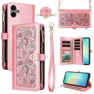 Imagem de Dswteny Capa carteira floral para Samsung Galaxy A06 5G com alça de pulso, alça de ombro, bolsa de couro PU, suporte para cartão de crédito, acessórios para celular Ao6 A 06 4G LTE mulheres homens