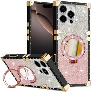 Imagem de DMaos Capa feminina para iPhone 16 Plus, gradiente de glitter compatível com Magsafe, espelho magnético com suporte para iPhone 16 Plus de 6,7 polegadas - Rosa