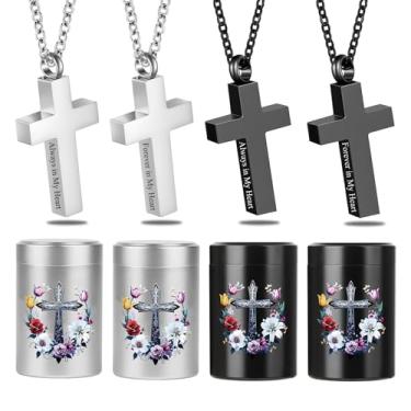 Imagem de RIPFEVURN Pequenas urnas para compartilhamento de cinzas humanas, adulto, feminino, masculino, cruz, cremação, joias, urna, colares para cinzas para mulheres e homens, conjunto de 8
