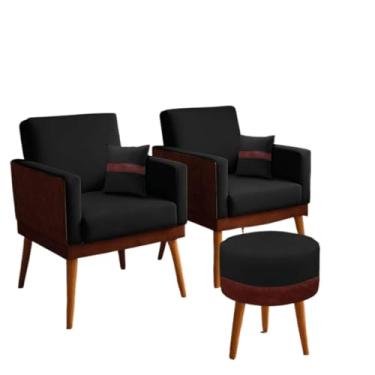 Imagem de Kit 02 Poltronas para Sala Decorativa Lis com Almofada e Puff Redondo Corino Peroba e Suede Aninha Decor (Preto)