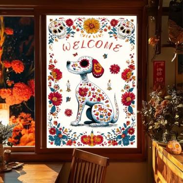 Imagem de HOMETITUTE Película para janela Sugar Skull Dog Welcome Halloween 78 x 129 cm decorativa para decoração de festa de outono para o Dia dos Mortos Varanda Porta Vidro Privacidade Janela Exterior