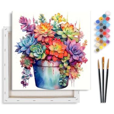 Imagem de Yezavesu Kit de pintura emoldurada por números para adultos iniciantes 30,5 x 30,5 cm, pintura suculenta fácil por número sem cavalete, pintura DIY adulto por números, suculenta colorida para