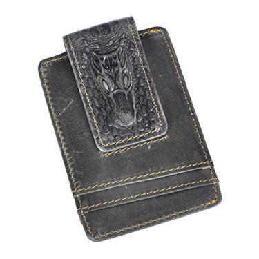 Imagem de Le'aokuu Carteira magnética de couro bovino com clipe de dinheiro, carteira para cartão de visita, porta-cartões de crédito para homens, Crocodilo em relevo cinza, 1, Geldscheinklammer