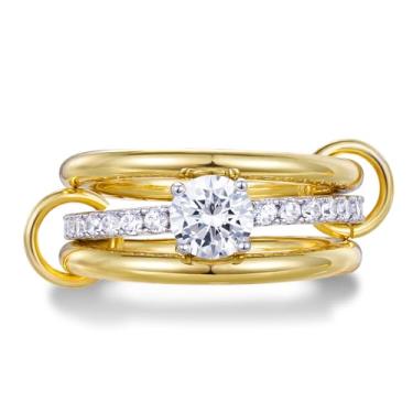 Imagem de KissYan Anéis empilháveis para mulheres, placa de ouro 14 k interligados conjunto de anéis delicados CZ personalizado moda dois tons mistos metais empilháveis joias modernas presente de declaração, 7