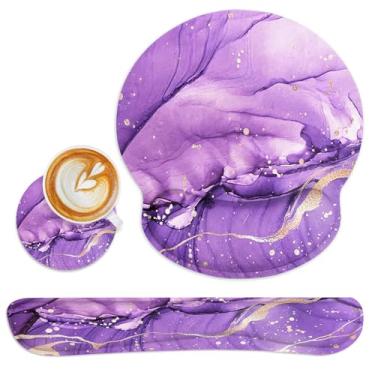 Imagem de Britimes Conjunto de 3 peças de tapete de rato de mármore dourado roxo com base de borracha antiderrapante, base ergonômica, suporte de almofada de pulso de rato e porta-copos para jogos de escritório