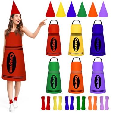 Imagem de Uneedity Conjunto de 6 aventais coloridos de giz de cera de cera, chapéus engraçados de cone de gnomo e meias coloridas de giz de cera, conjunto de fantasia de avental colorido para adultos, fantasias