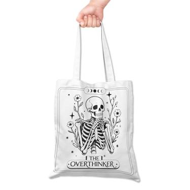 Imagem de Grace Yonks Bolsa de lona fofa The Overthinker Skeleton – Bolsa estética preta e branca inspirada em tarô gótico para Halloween, livros ou humor diário, 40 x 35 cm (044)