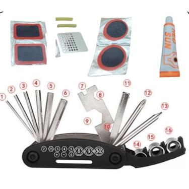 Imagem de Kit Chave Multifuncional para Bike 16 Peças + Kit Remendo Completo Reparos Manutenção de Bicicleta Kit Ferramentas para Bicicleta Portátil Kit Chave Allen, Philips, Boca e Soquetes - Luiggi Presentes®
