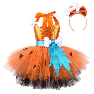 Imagem de ABEHIK Halloween Caveman Costume for Girls Toddler Kids Sequins Historical Stone Age Birthday Outfit Halloween Cosplay Dress Up Photo Shoot Tutu Dress with Headband Orange Sequin 3-4 Years