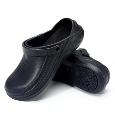Imagem de Reroon Sapatos de trabalho antiderrapantes para cozinha/chef/jardim/enfermagem/sala de cirurgia, tamancos impermeáveis resistentes a óleo para homens e mulheres, Preto, 12.5-13 Wide Women/11-11.5 Wide