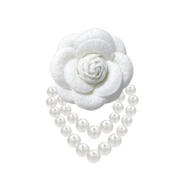 Imagem de WCRAZYE Broche de flor de camélia com borla de pérola para mulheres meninas delicado vintage lã camélia flores grampos de cabelo grampos de cabelo broche de xaile para senhoras presente de festa de