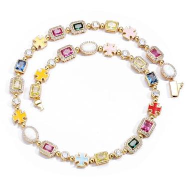 Imagem de Novo conjunto de corrente de proteína com cruz de pedras preciosas coloridas hip-hop, acessórios de joias de zircão de alta qualidade disponíveis em colar prata e ouro, pulseira de 40 a 61 cm, 18 a 23