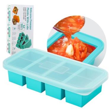 Imagem de Bandejas de silicone para freezer com tampa, recipiente para congelador de sopa de 4 xícaras, moldes grandes de cubos de gelo com topo de anel de aço reforçado para congelar caldo de molho de sopa,