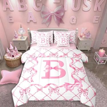 Imagem de Erosebridal Conjunto de cama infantil casal com laço e letra B, 7 peças, para meninas, com laço rosa, monograma, lençol com laço e edredom