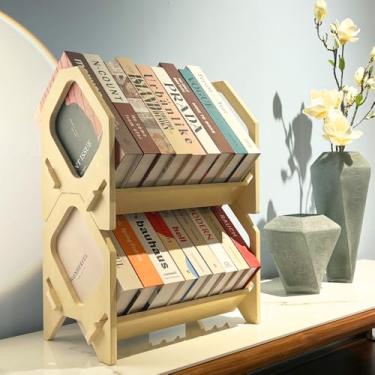 Imagem de Pacote com 2 estantes de mesa, organizador de livros empilhável com alça, suporte de armazenamento para CD/revista/pasta de arquivo, estante pequena portátil para estudo, sala de estar, quarto