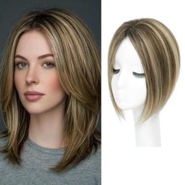Imagem de YAMI Topper de cabelo humano fofo para mulheres 25,4 cm feito à mão com base suíça 360° cobertura de queda de cabelo (castanho médio loiro misto com raiz marrom escura)