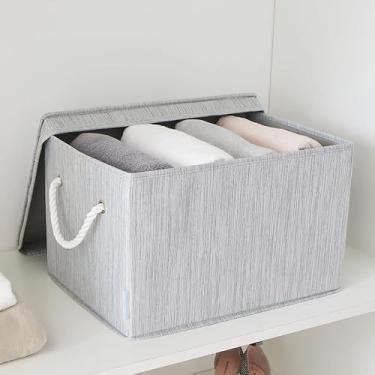 Imagem de JS HOME Pacote com 2 cestas de armazenamento grandes para prateleiras | Organizadores de armário de tecido e caixas de armazenamento com tampas, organização doméstica | Cestas decorativas dobráveis