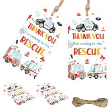Imagem de Sursurprise Decorações de festa de veículo de emergência, pacote com 50 etiquetas de agradecimento de veículos de resgate, etiquetas de presente de polícia de bombeiros de ambulância com cordão