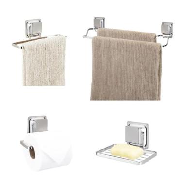Imagem de Kit 4 Acessórios Para Banheiro Suporte Em Aço Com Ventosa Sem Furos - 