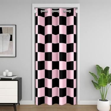 Imagem de Cortina divisória quadriculada para adolescentes mulheres homens rosa preto xadrez cortina para porta privacidade 86 x 203 cm 1 painel bonito retrô neutro quadriculado geométrico capa de armário