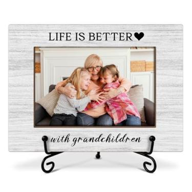 Imagem de Porta-retratos para avós, porta-retratos Life Is Better With Grandchildren, presentes de aniversário para avós, moldura de madeira com suporte, moldura de 10 x 15 cm para exibição de mesa, decoração