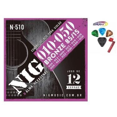 Imagem de Kit Jogo Cordas Violão Aço 12 Cordas NIG N-510 + Acessórios