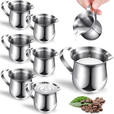 Imagem de Potchen Pacote com 6 cremes de sino de aço inoxidável, jarra de 85 g, mini jarras de café e leite com alça e bico para servir expresso, chá, leite, xarope de bordo e molho