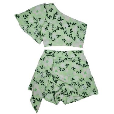 Imagem de Conjunto Infantil Cropped Ombro Único Short Saia Duna - 2L Kids, Verde